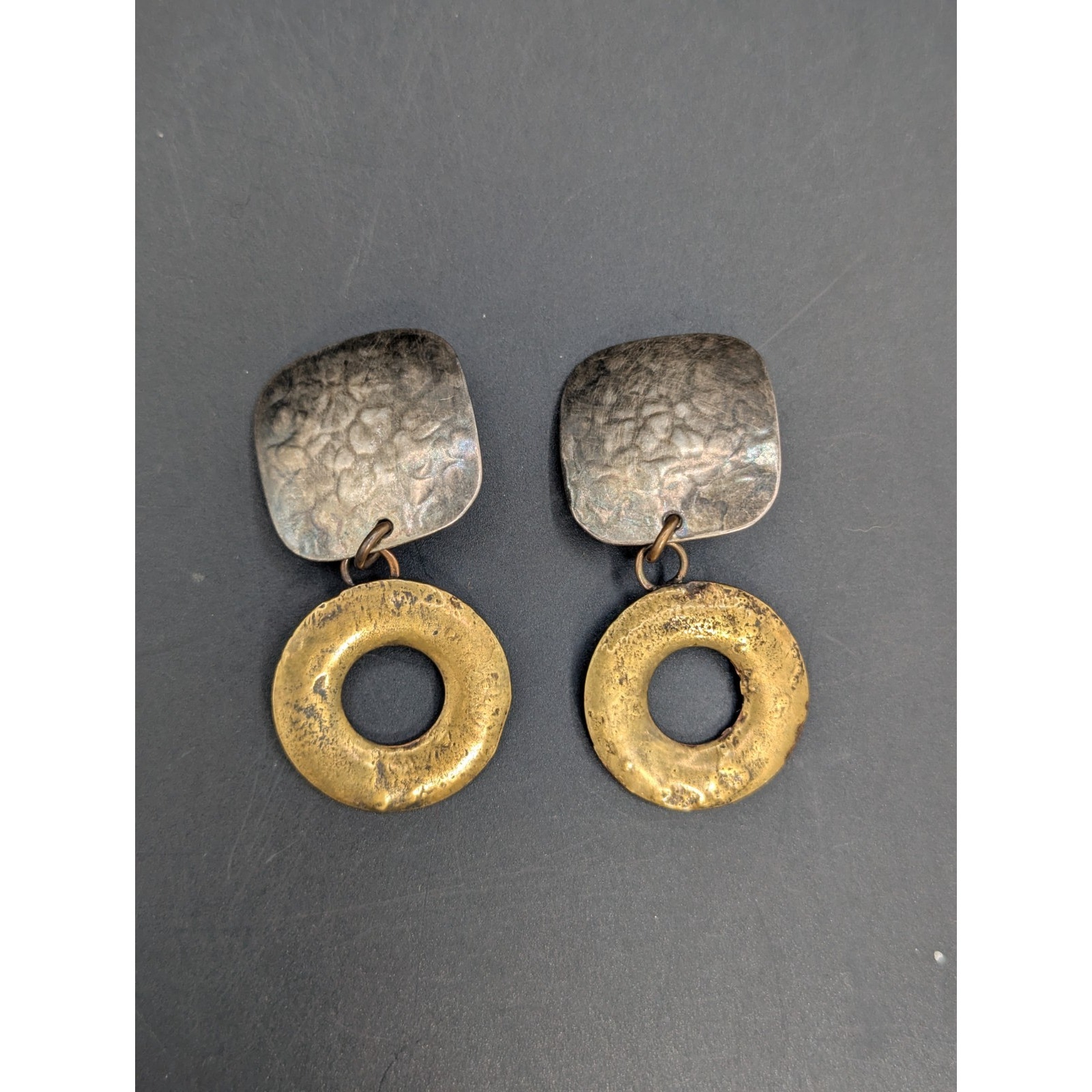 Vintage Marjorie Baer Sf Mix Textured Metal Dangle Clip Earrings